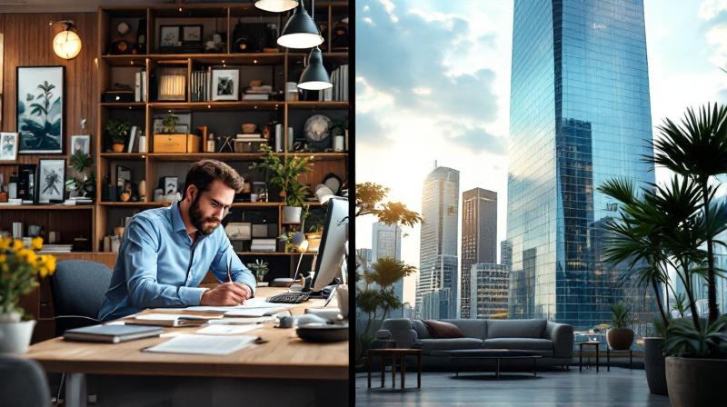 Collage aus kleinem Mittelstandsbüro und modernem Konzernhochhaus