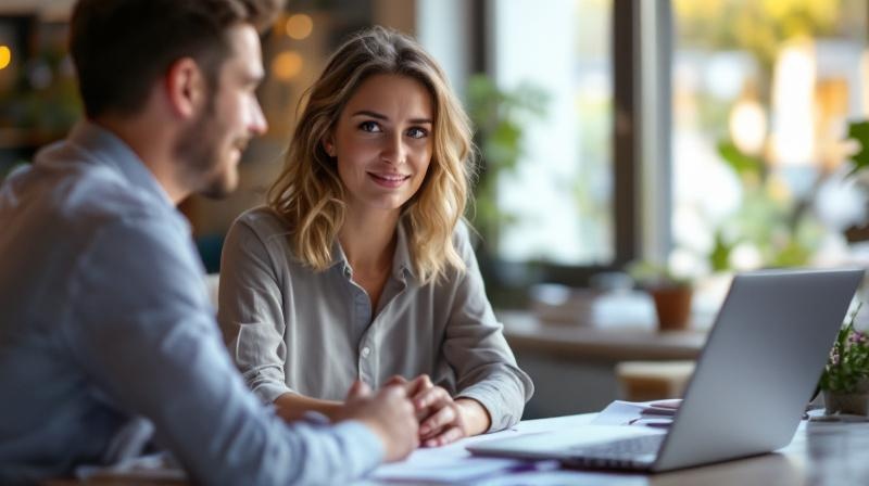 HR-Mitarbeiterin in einem Beratungsgespräch mit einem Kollegen, Personalakten und Laptop auf dem Tisch