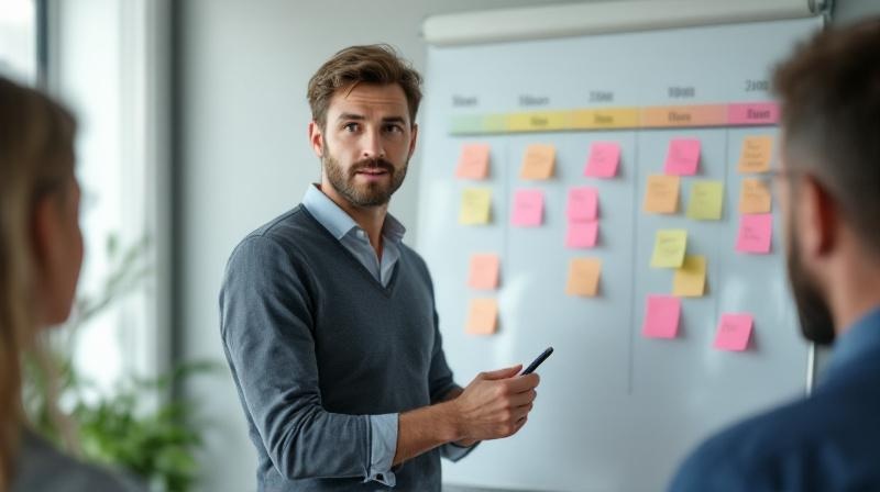 Projektleiter vor einem Whiteboard mit Meilenstein-Plan, Kollegen im Hintergrund
