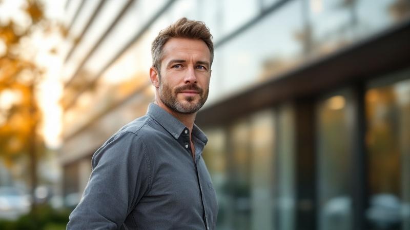 Mann vor Bürogebäude in Mainz, ruhige Pose, warmes Licht am späten Nachmittag