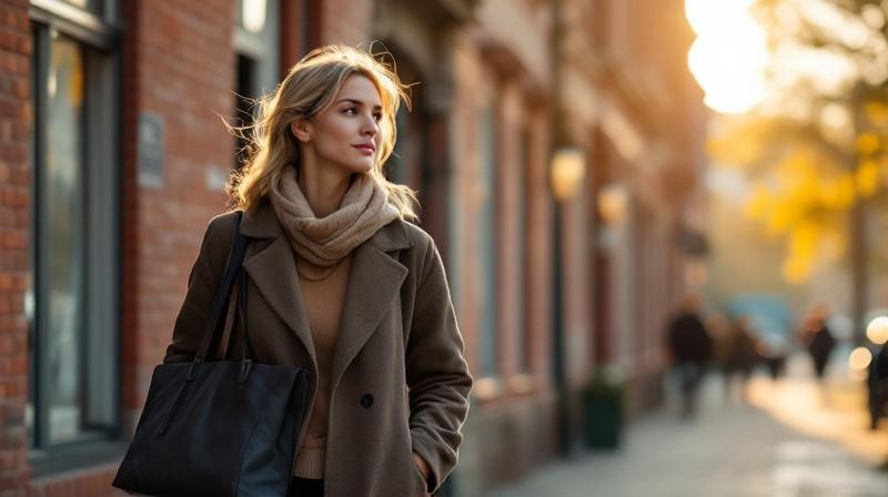 Frau mit Laptoptasche vor Altbau in Magdeburg, ruhige Morgenstimmung