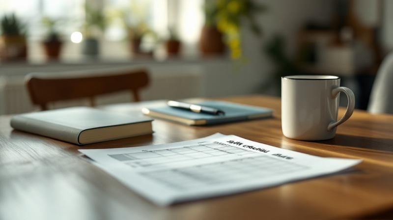 Schichtplan auf einem Tisch neben Lehrbuch und Kaffeetasse, Hintergrund Küche bei Tageslicht