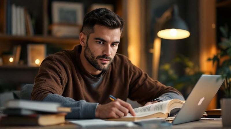 Berufstätiger Mitt-30er studiert abends Lehrbücher mit IHK-Abschlussurkunde im Hintergrund