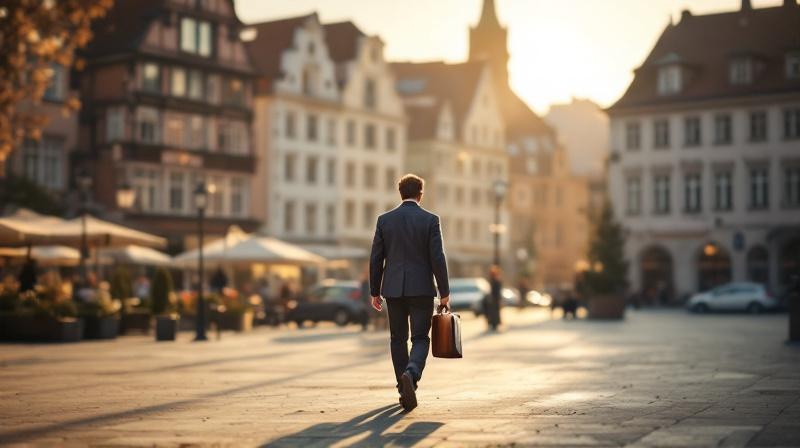 Thüringer Altstadt mit ruhiger Straße, Passant mit Aktentasche im Vordergrund