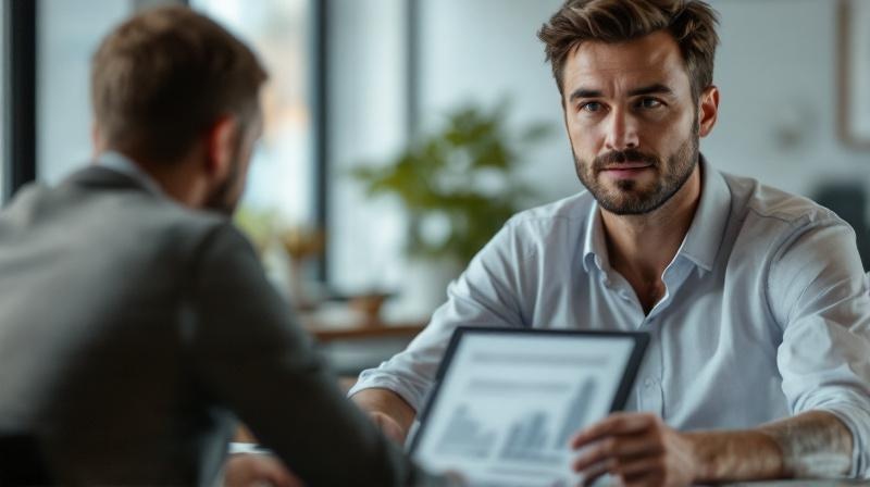 Vertriebsmitarbeiter beim Kundengespräch, Laptop und Angebotsunterlagen auf dem Tisch