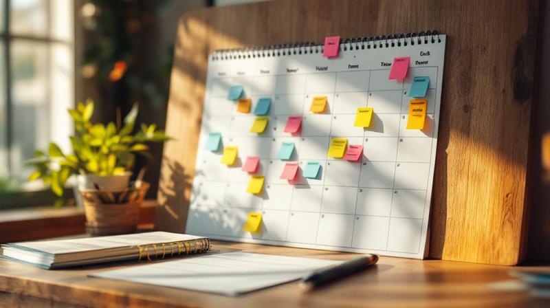 Jahresplaner auf einem Schreibtisch, Urlaubstage markiert mit Haftnotizen