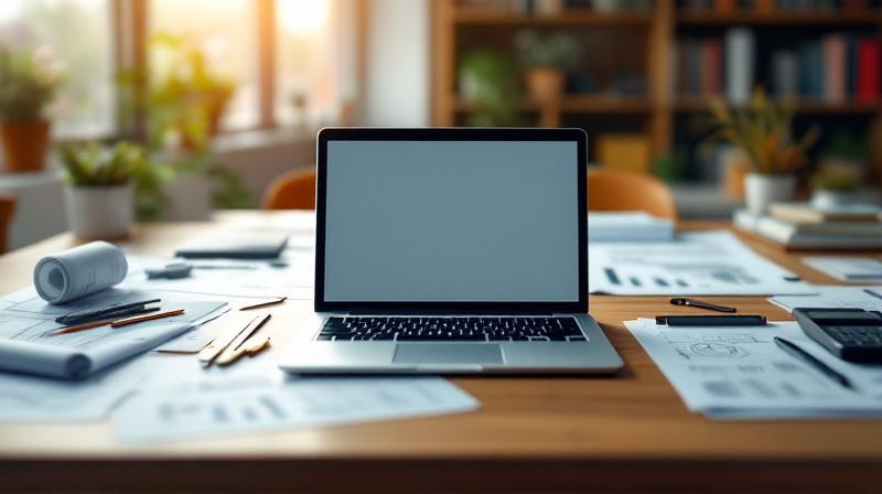 Schreibtisch mit Laptop, technischer Zeichnung und betriebswirtschaftlichen Unterlagen nebeneinander