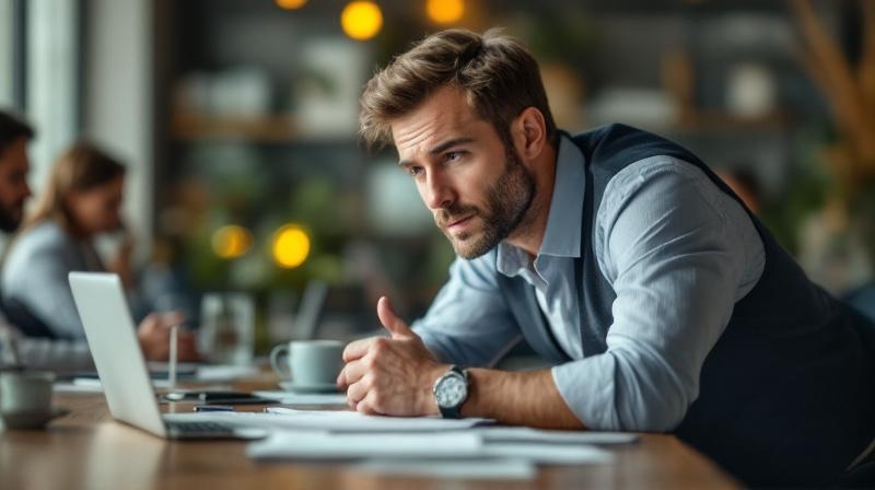 Teamleiter in einem Meeting am Konferenztisch, reflektiert auf Unterlagen schauend