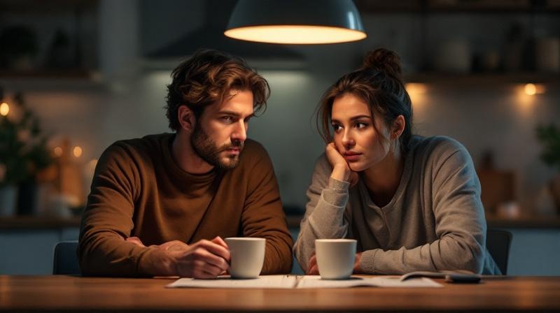 Paar sitzt am Abend am Küchentisch, ein Kalender und zwei Kaffeetassen zwischen ihnen